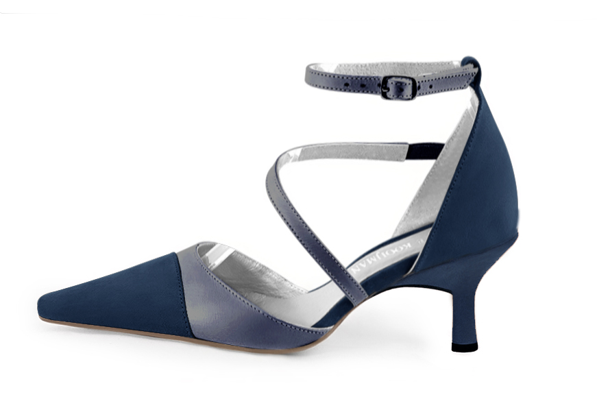 Navy blue women's open side shoes, with snake-shaped straps. Tapered toe. Medium spool heels. Profile view - Florence KOOIJMAN